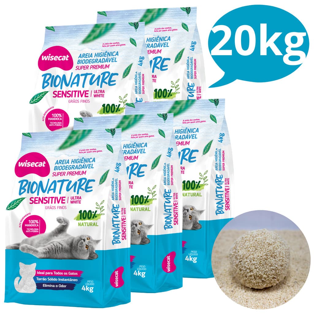 Kit 5 Areia Sanitária Higiênica pra Gatos Natural Vegetal Mandioca Sensitive Grãos Finos Wisecat 4KG