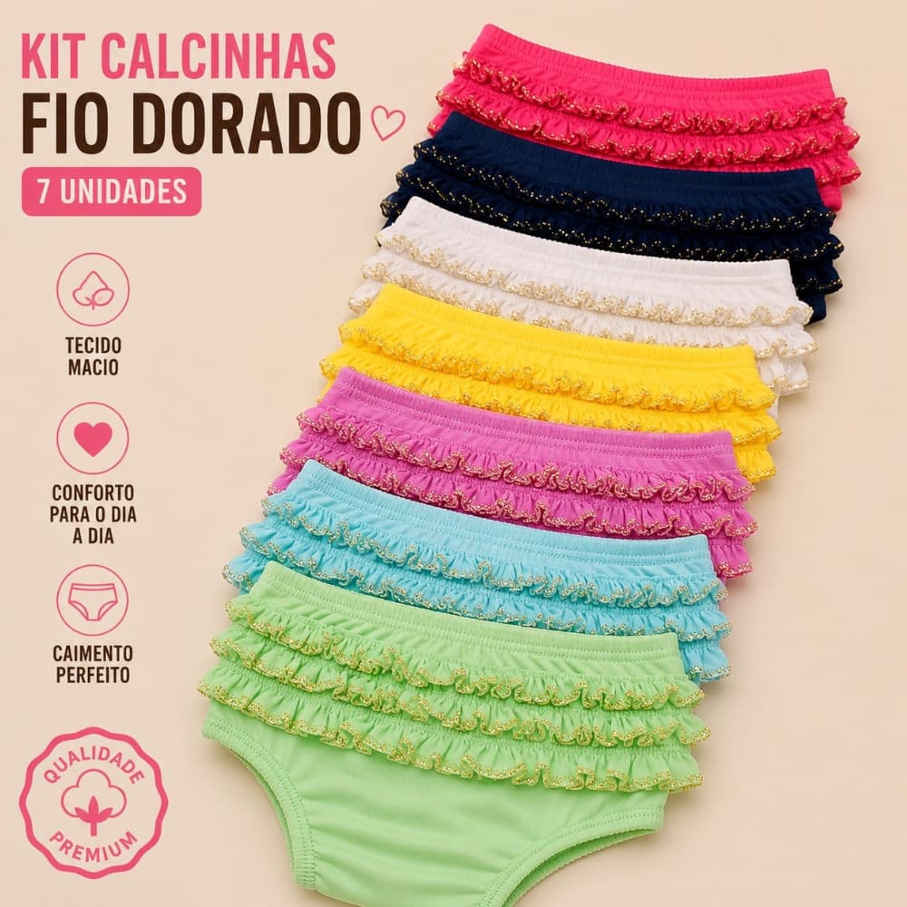Kit c/ 7 Calcinhas fofa fio dourado com brilho / Tapa Fralda Infantil, perfeitas para deixar o visual das pequenas Top