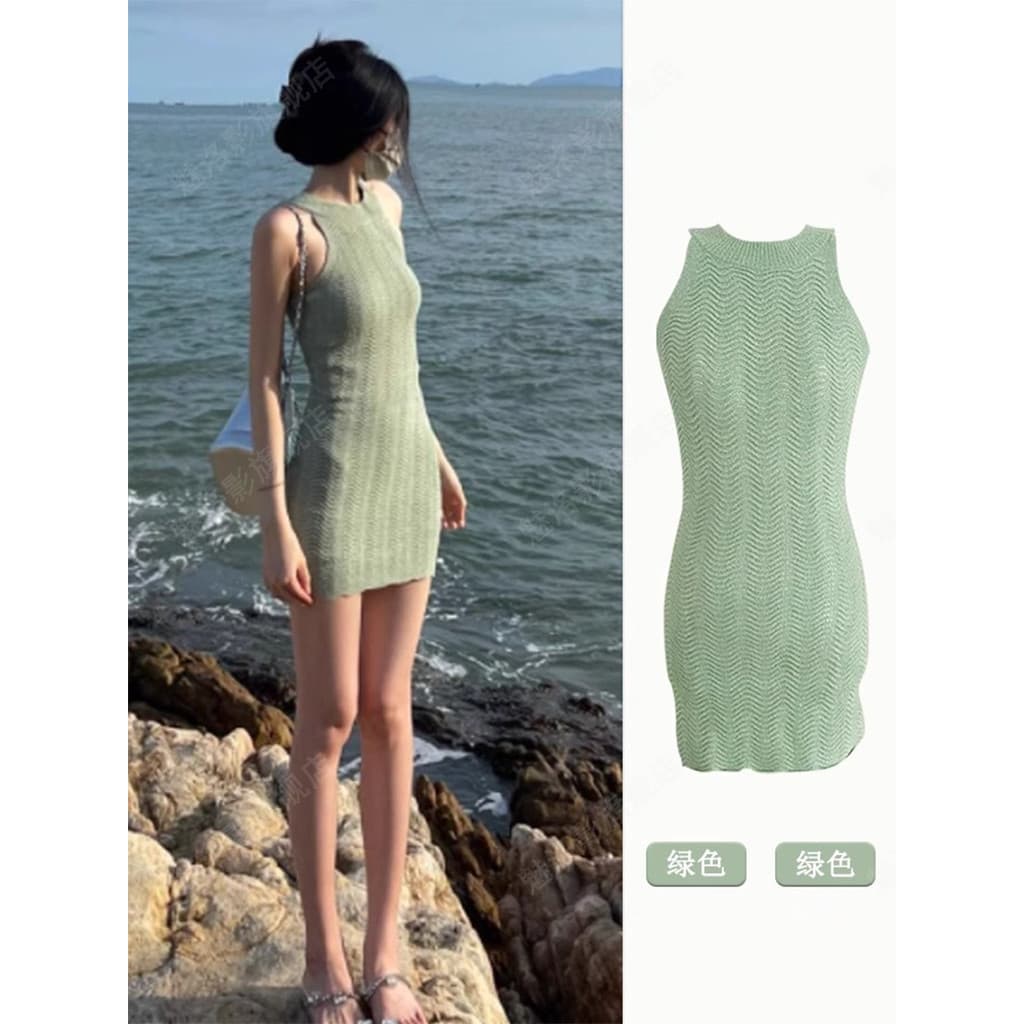 Vestido curto verão Vestido Curto Verão Mini Vestido Bodycon Francês verde Halterneck vestido de malha feminino verão no