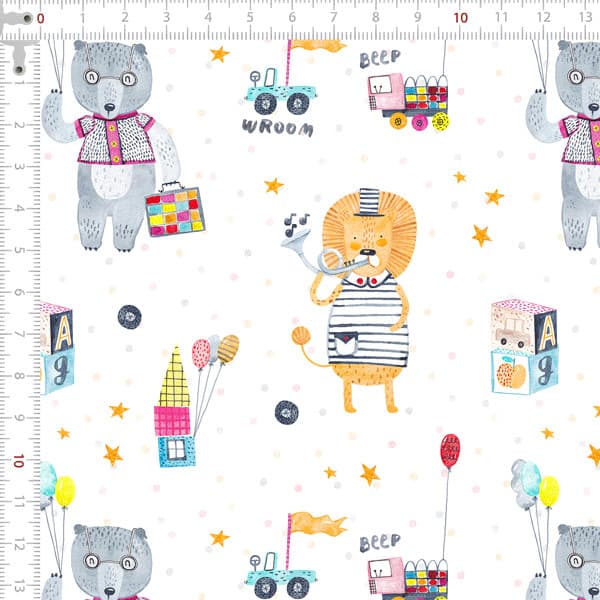 Tecido Tricoline Digital Aquarela Animais e Brinquedos Pano Patchwork Costura Ateliê Artesanato DIY