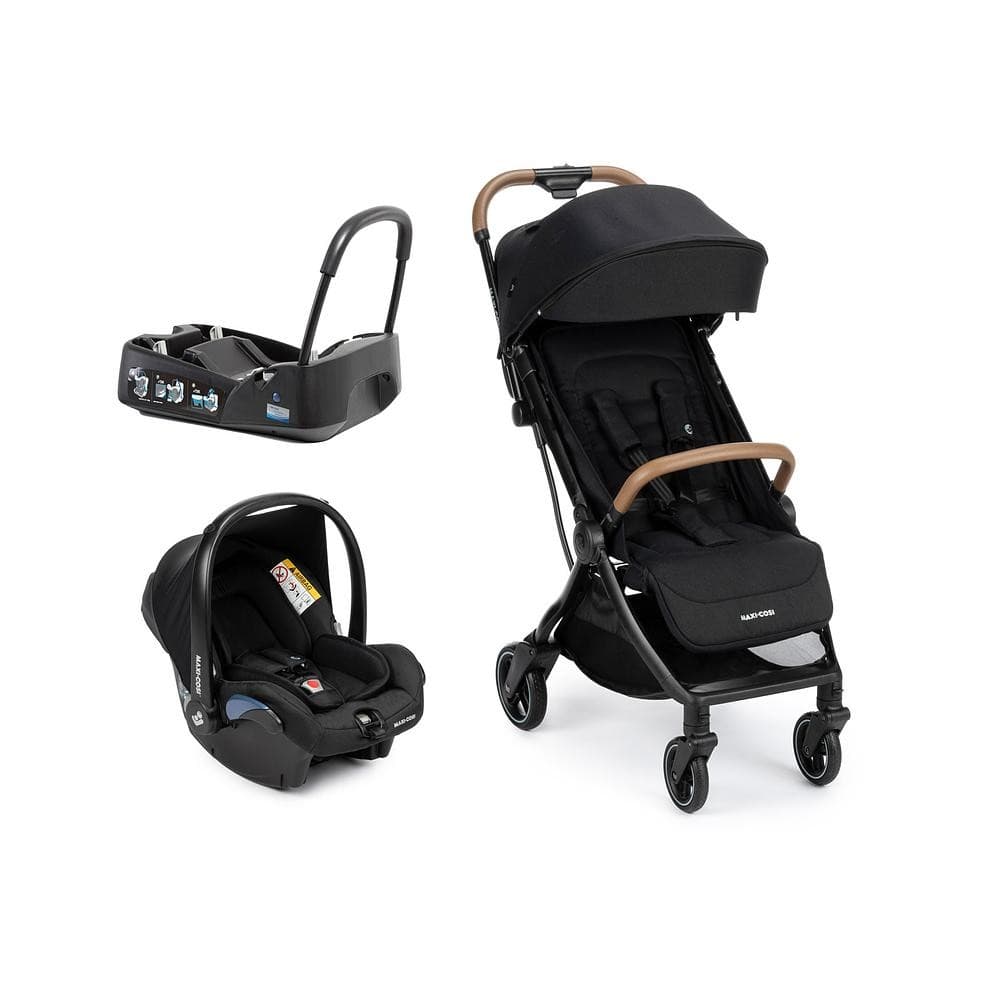 Carrinho de Bebê com Bebê Conforto e Base, Maxi Cosi Travel System Eva 3 Trio Black