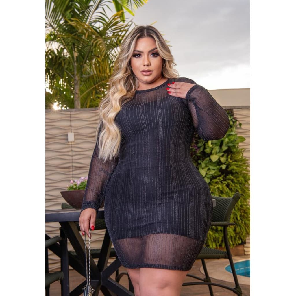 Conjunto Plus Size Vestido Manga Tule Lurex +vestido Alcinha
