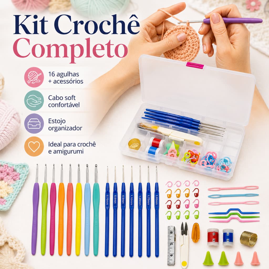 Kit Croche Trico Amigurumi Completo 16 Agulhas Marcadores de Ponto Contador de Carreira Acessorios