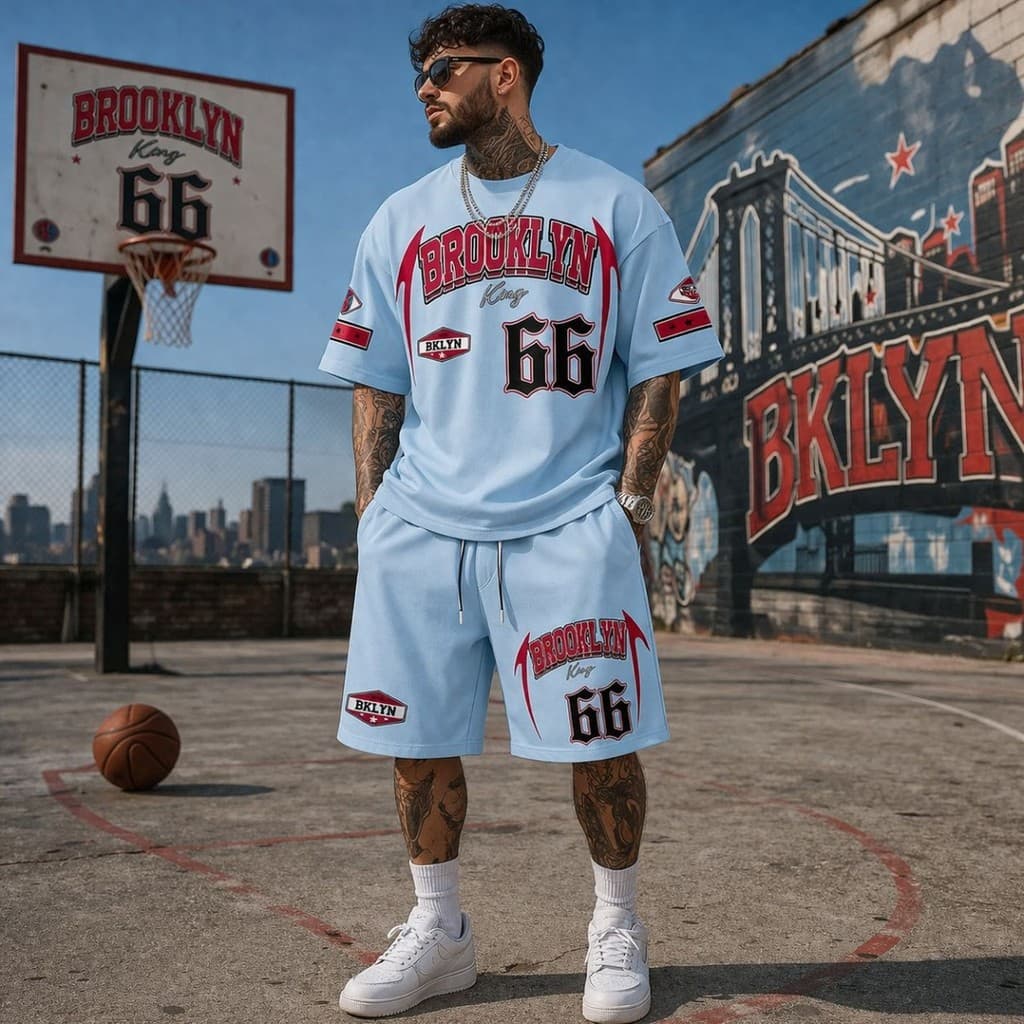 Conjunto Camiseta Algodão E Bermuda Moletom Streetwar Camisa Brooklyn 66