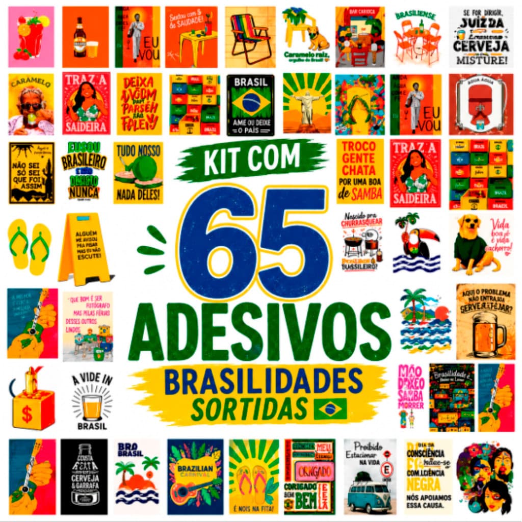 Kit 65 Adesivos Brasilidades Vinil 5x6,5cm – COPO AMERICANO / CANECAS – Estilo Lambe Lambe – À Prova D’Água
