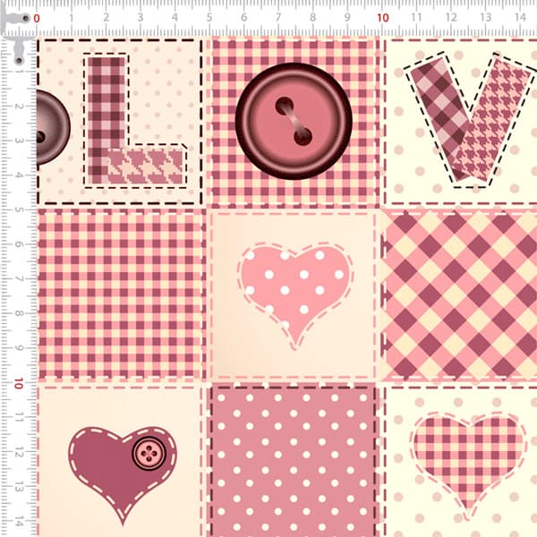 Tecido Tricoline Digital Estampado Corações Retalhos Love Xadrez Costura Patchwork Pano