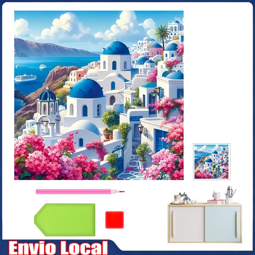 Pintura diamante 5D, pintura diamante 30x30cm, pintura diamante "Santorini Morning Light"