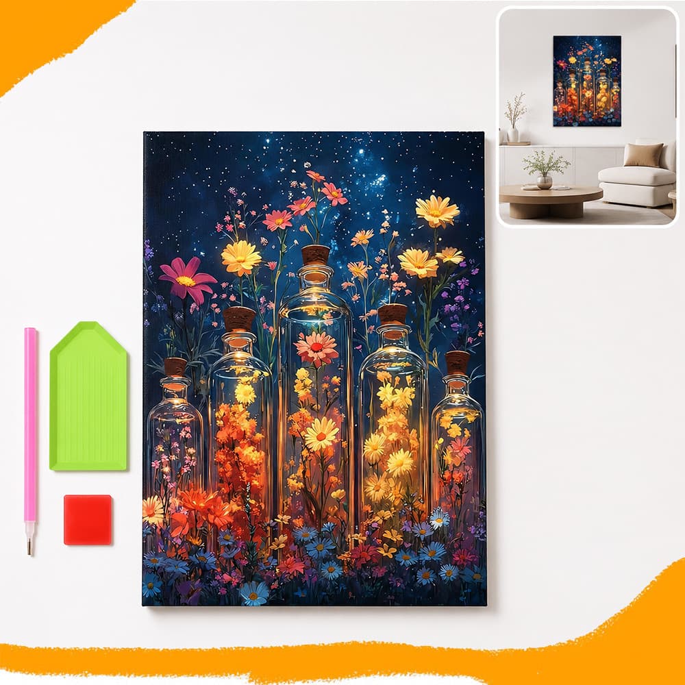 30 x 40 cm, Pintura com diamantes quadrados 5D, Conjunto coloridos de arte com diamantes de Flores em garrafa