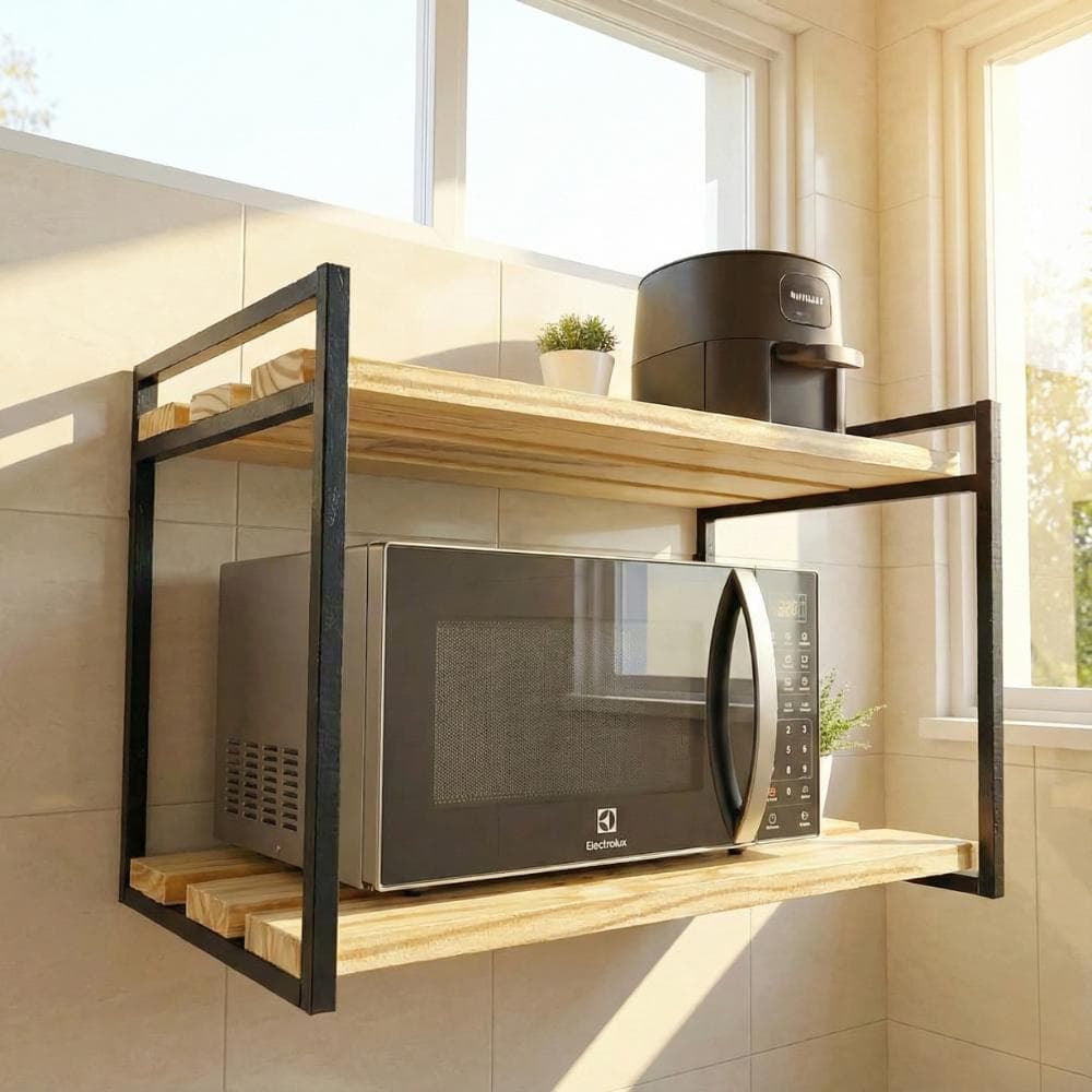 Suporte microondas forno air fryer impressora prateleira de parede 80cm nicho multiuso Pinus Metalon
