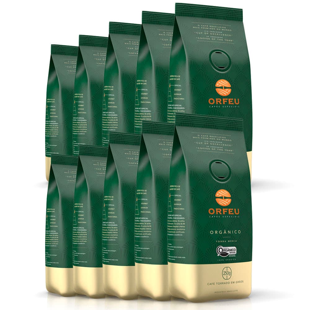 Café em Grãos Premium Orfeu Orgânico Kit 10 Pacotes de 250g