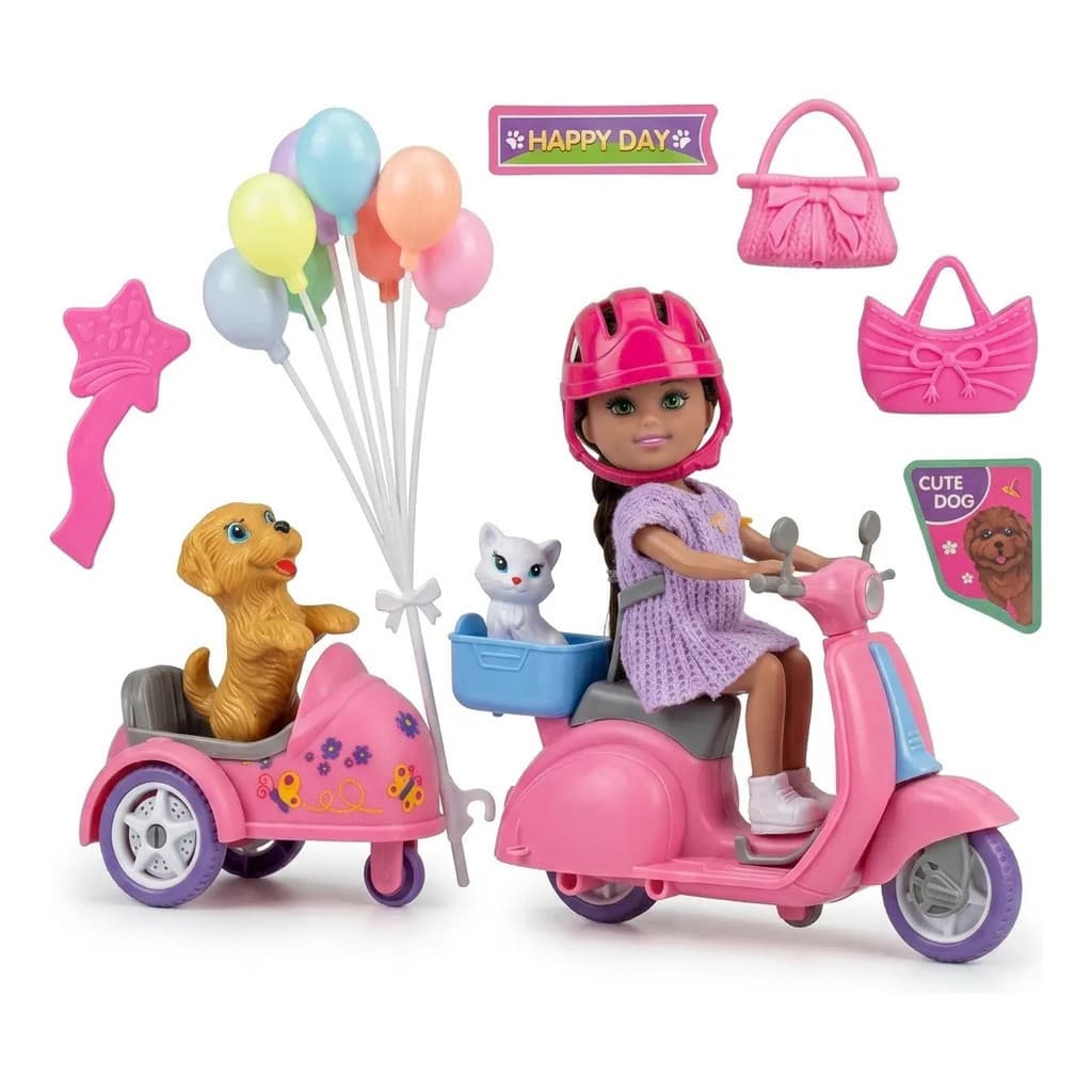Kit Boneca Articulada Com Motinha Scooter  E Acessórios Pets