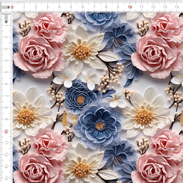 Tecido Tricoline Digital 3D Floral Clássico Rosa e Azul Costura Pano DIY Patchwork Artesanato Quilt