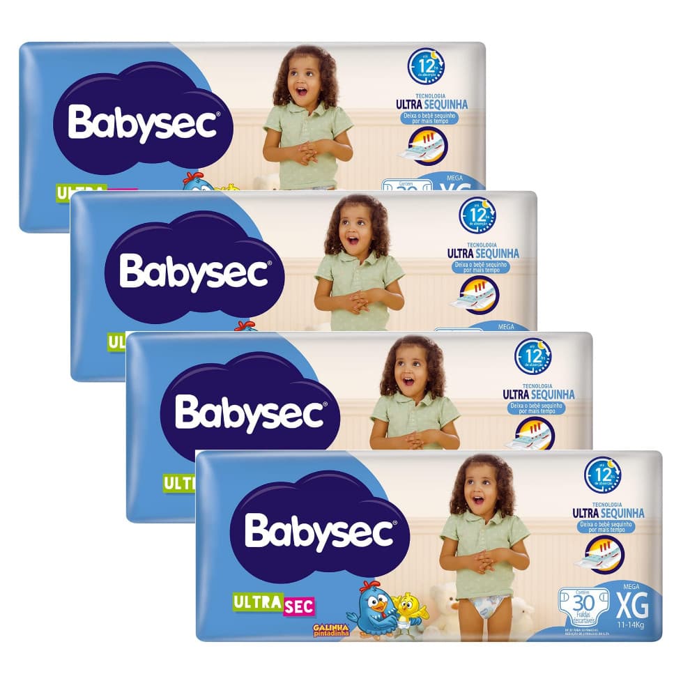 Kit 4x Fralda BabySec Ultrasec Galinha Pintadinha Mega XG 30un – Ideal para o Dia a Dia
