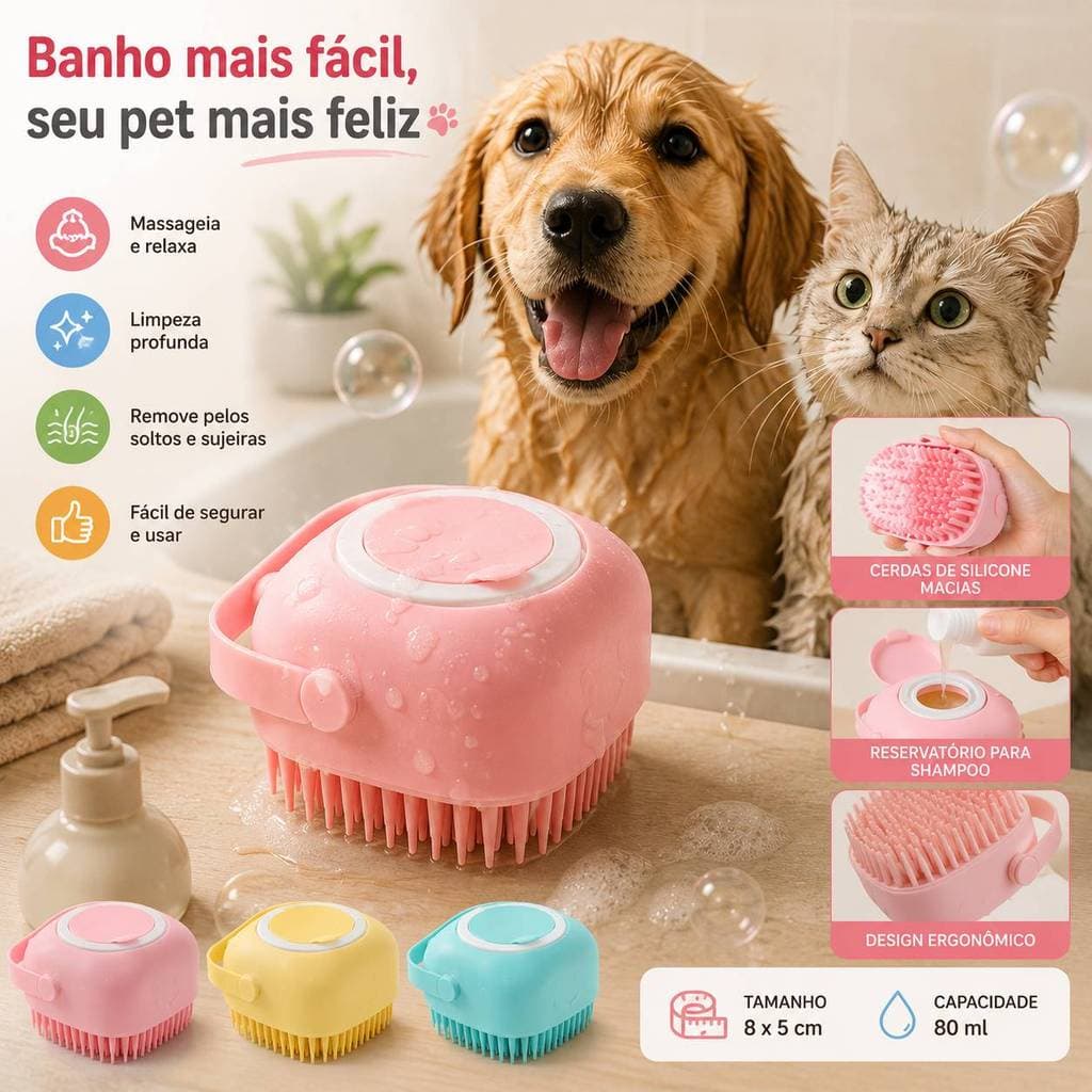 Escova Massageadora Pet com Dispenser de Shampoo Silicone Macio para Banho de Cães e Gatos