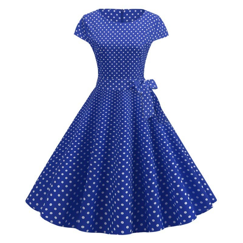 Vestido de noite retrô azul de bolinhas, saia grande Swing estilo Hepburn 50S, vestido retrô feminino