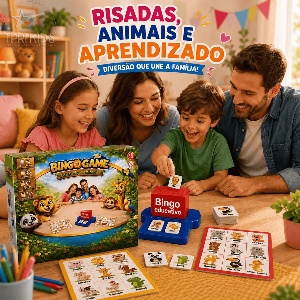Jogo Bingo Infantil Educativo Animais Pedagógico com Cartela Brinquedo Completo Ejetor Família