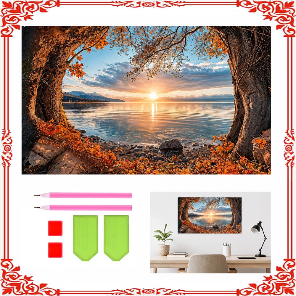 Pintura diamante quadrada 5d outono lago pôr do sol pintura diamante faça você mesmo