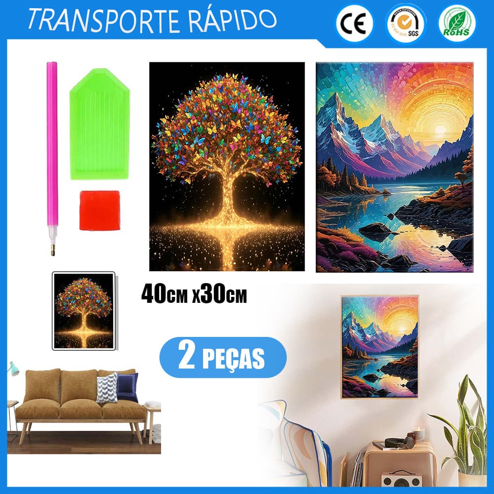 2x Pintura Diamante Quadrada 5D 40x30cm Arte com Strass Decoração de Parede para Casa Árvore com Borboletas Montanha