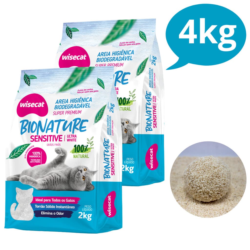 KIT 2 Areia Sanitária Higiênica pra Gatos Natural Vegetal Mandioca Sensitive Grãos Finos Wisecat 2KG