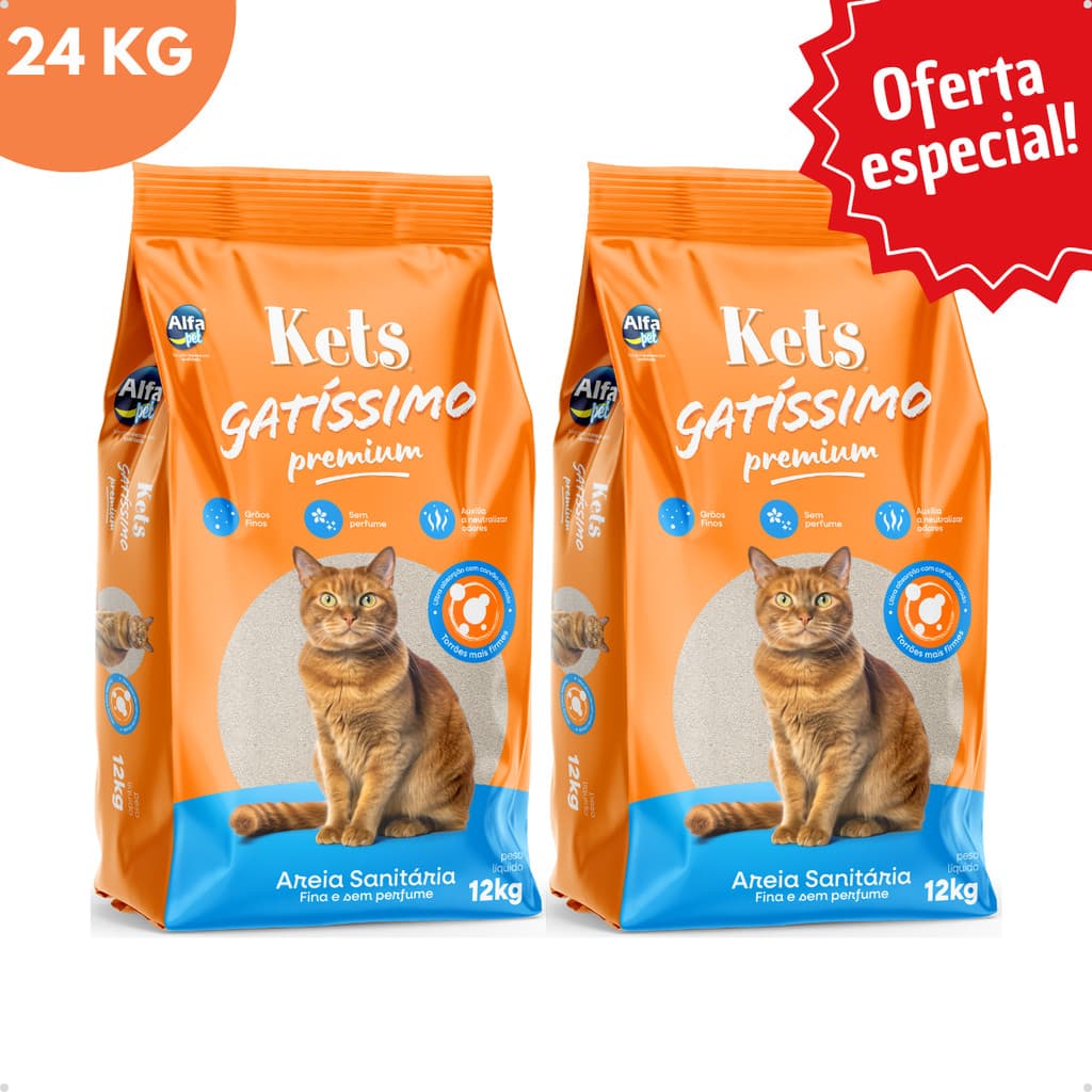 Kit 2 Areia Sanitária Higiênica Natural Argila Gatos Premium Gatissimo Sem Perfume Grãos Médios 12Kg