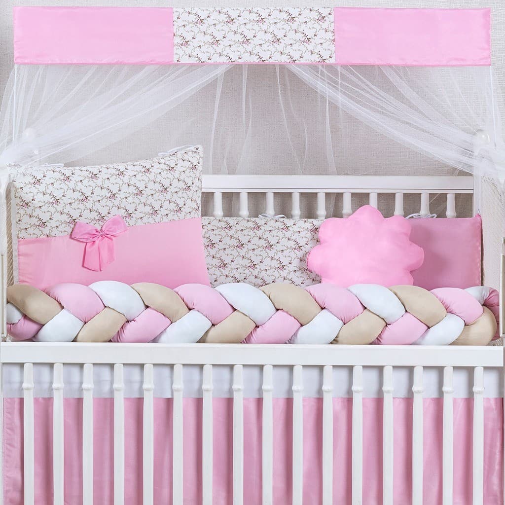 Kit Berço Padrão Americano com Trança e Lateral Enxoval Bebe Rosa Menina Floral Completo Novidade
