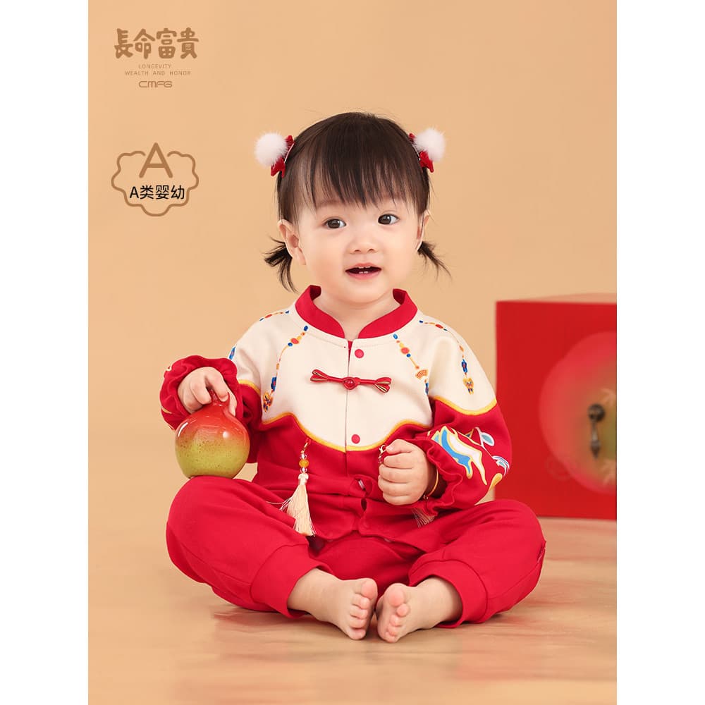 Longevidade Riqueza Bebê Menina Roupas de Primavera Macacão Novo Estilo Chinês Hanfu Roupas de Bebê de Um Ano Roupas de 