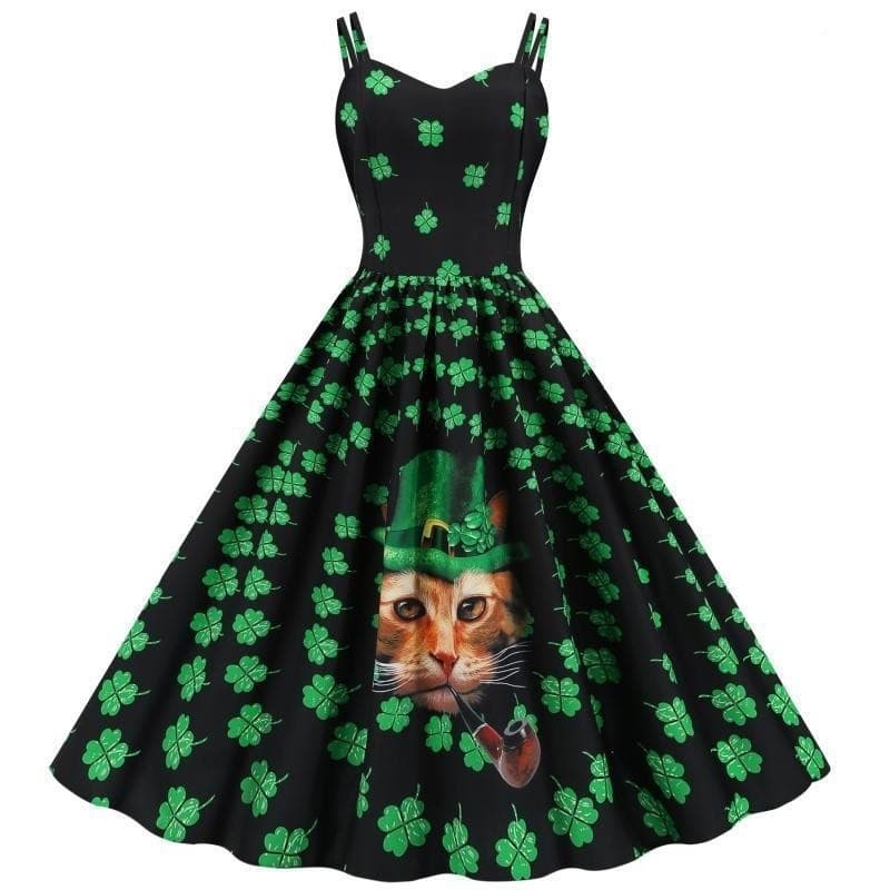 Vestido estampado de trevo de quatro folhas verde feminino sem mangas com decote em V vestido de noite retrô vestido ver