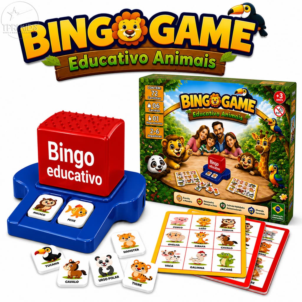 Jogo Bingo Infantil Educativo Animais Pedagógico com Cartela Ejetor Família Brinquedo Completo