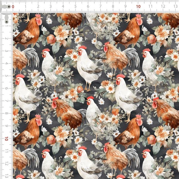 Tecido Tricoline Digital Galinhas nas Flores Artesanato Patchwork Ateliê Pano Costura DIY