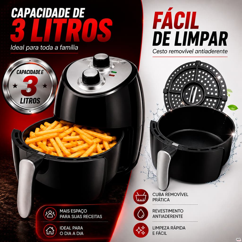 Fritadeira Sem Óleo 3 Litros com Aquecimento Rápido e Cozimento Uniforme dos Alimentos