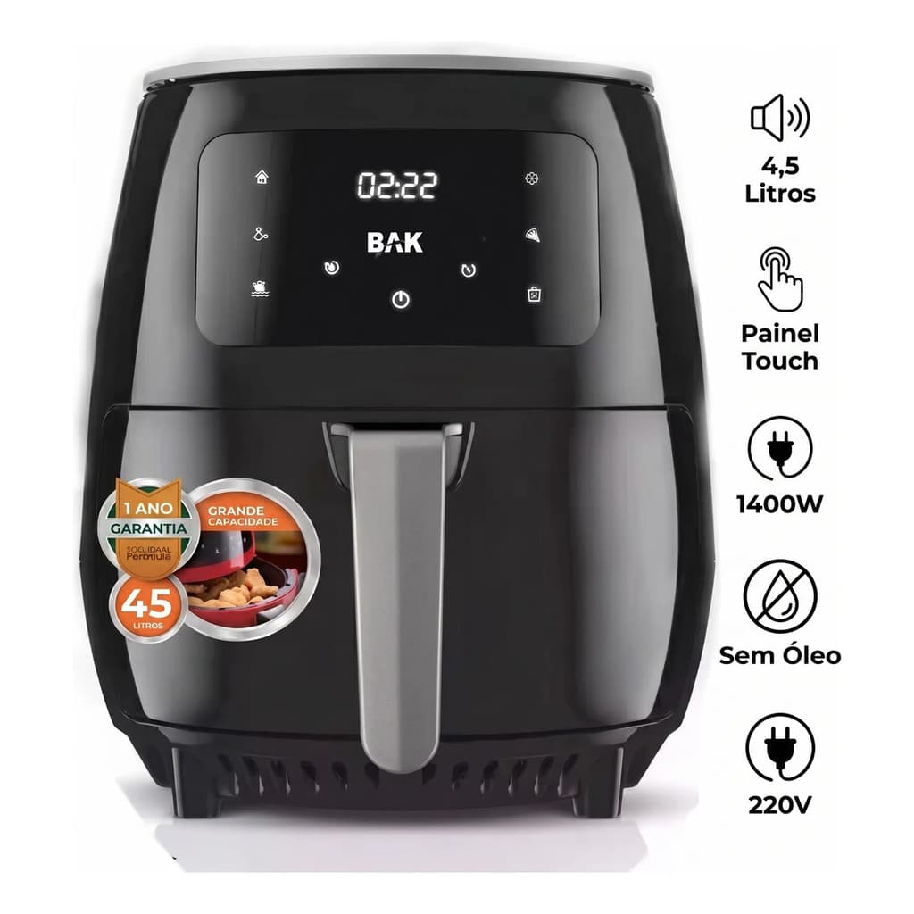 Air Fryer BAK 4,5 Litros Digital Touch 1400W 220V Fritadeira Sem Óleo Preta