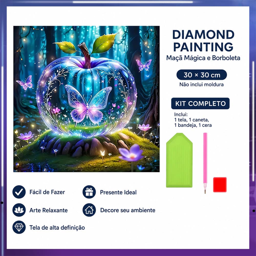 Pintura de Diamante 5D Maçã de vidro 30x30cm Broca Quadrada – artesanato terapêutico, decoração criativa, presente