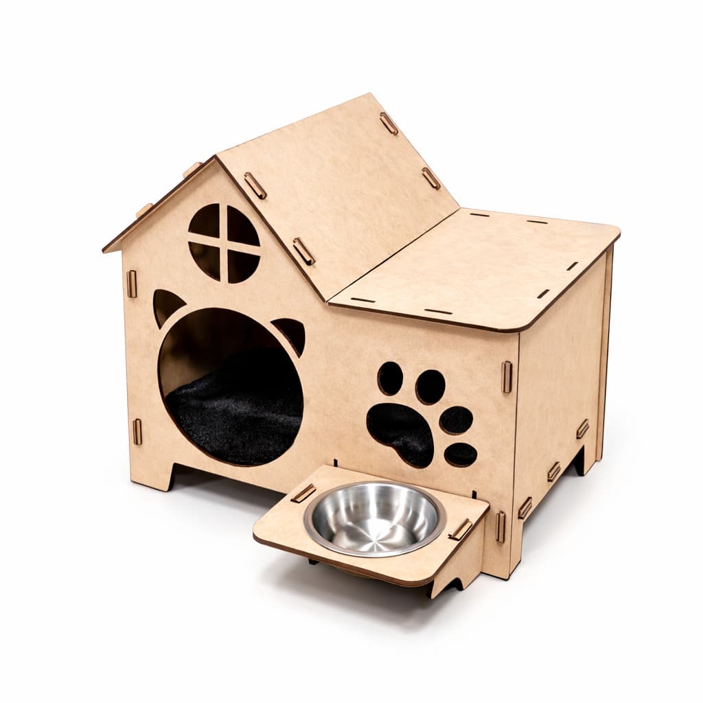 Casinha Pet Mansão MDF 3mm + Comedouro Inox + Forro Carpete