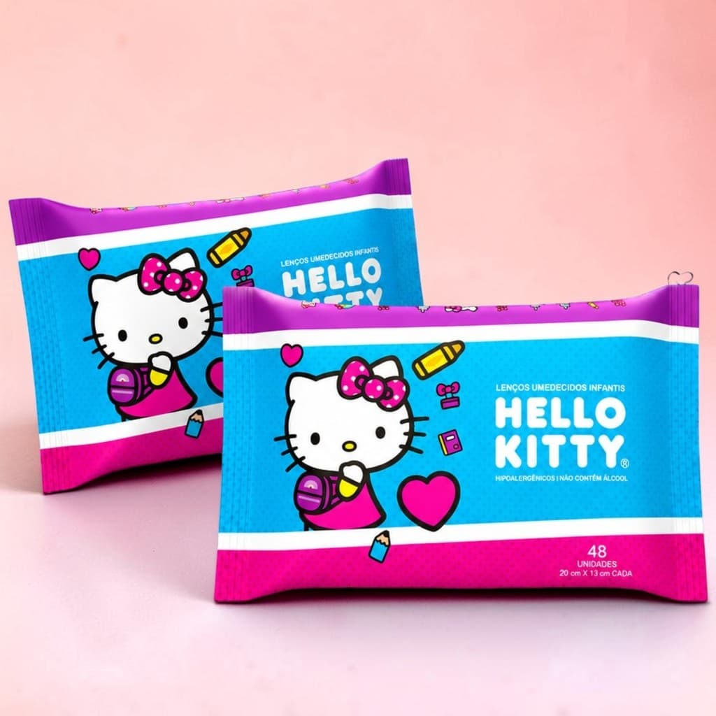 2 Pacotes Lenços Umedecidos Hello Kitty Lencinhos Menina Kit Mimos de Bebe Toalha Umedecida