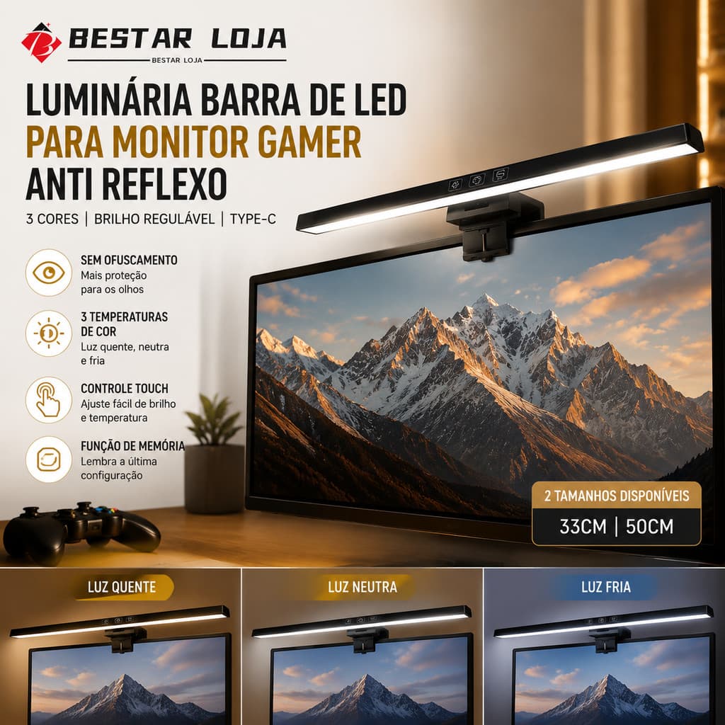 BESTAR Luminária Barra De Led Para Monitor Gamer Anti Reflexo 3 Cores Brilho Regulável Lightbar P/ PC 33cm 50cm Type-C