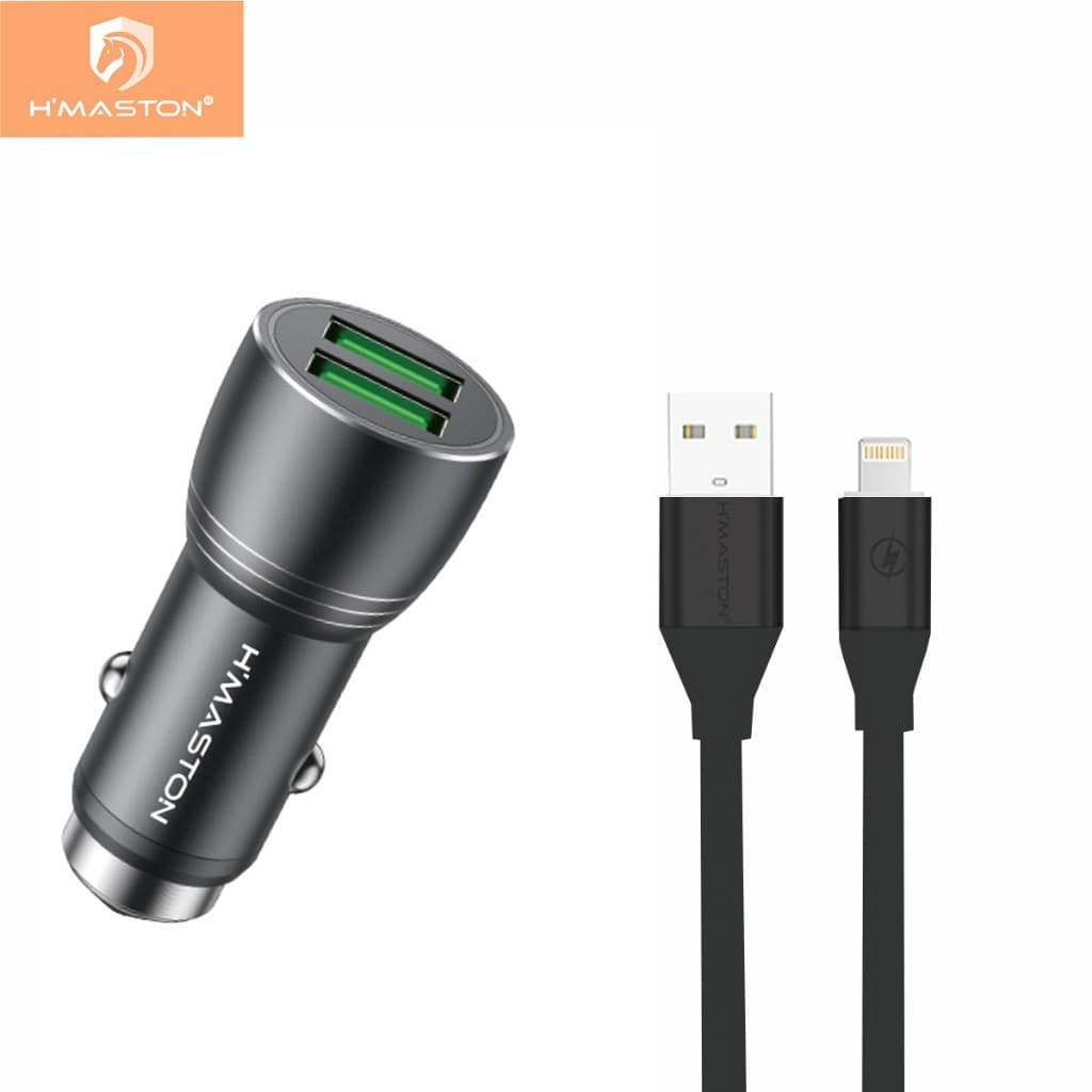 H'Maston L01 Carregador de Carro Veicular para Celular 2USB 4.8A + Cabo V8 LightingTipo-c 001