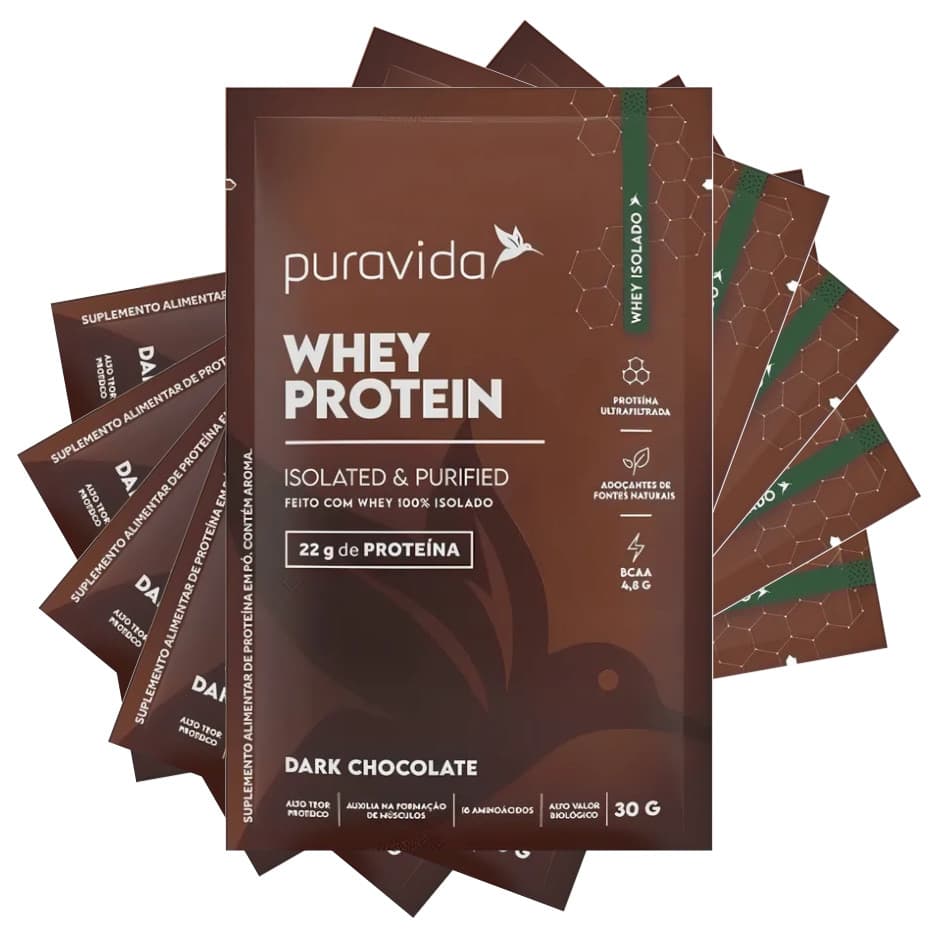 KIT 5 UN SACHE 30G WHEY PROTEIN ISOLADO - SABOR DARK CHOCOLATE PURA VIDA