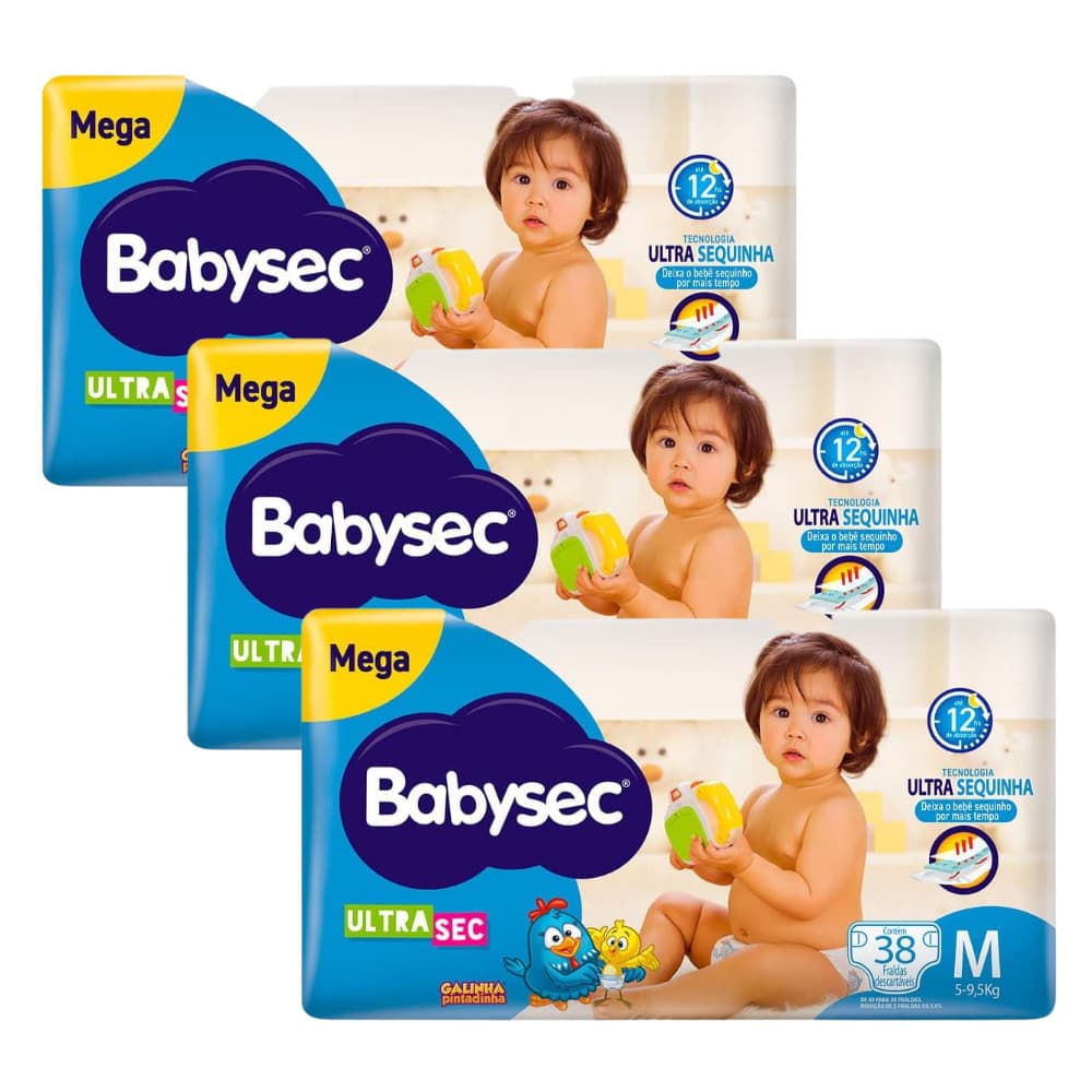 Kit 3x Fralda BabySec Ultrasec Galinha Pintadinha Mega M 38un – Super Absorvente e Econômica