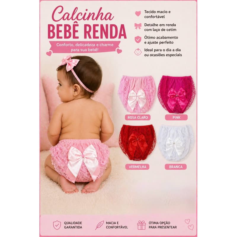 Calcinha infantil tapa fralda luxuosa bebê confortável 100% algodão princesa laço e renda luxo