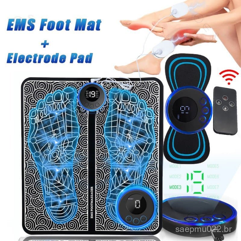 Almofada Massageadora para os Pés EMS, Portátil e Dobrável, Estimulação Muscular por Pulso, Melhora a Circulação Sanguín