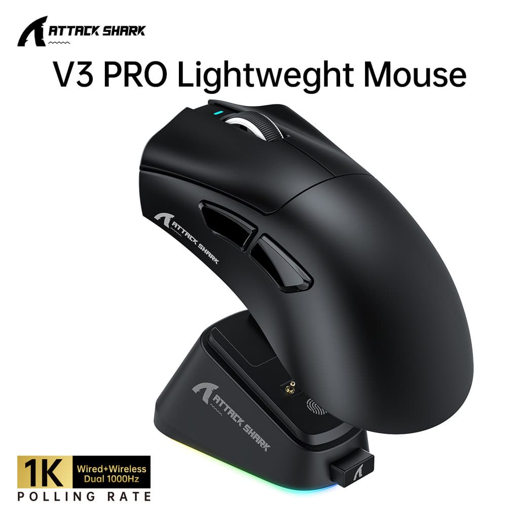 Attack Shark V3 V3PRO Esports Mouse Sem Fio 1K Hz PAW3311 400IPS 40G 25000DPI , 65g Mão Direita OMRON Ergonômico 100M Sw