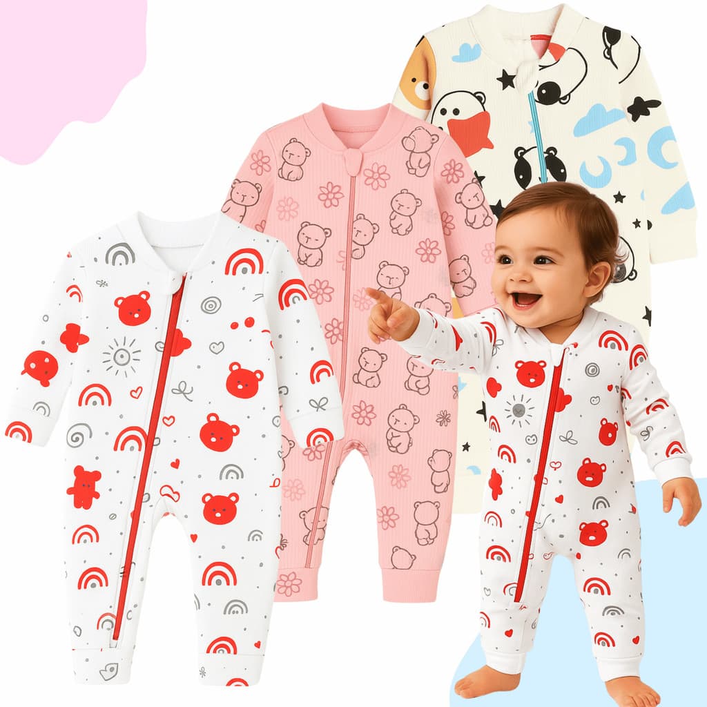 Kit 3 Macacão Bebê Estampados Zíper Menino Menina Inverno 100% Algodão Kit Econômico Frio Enxoval