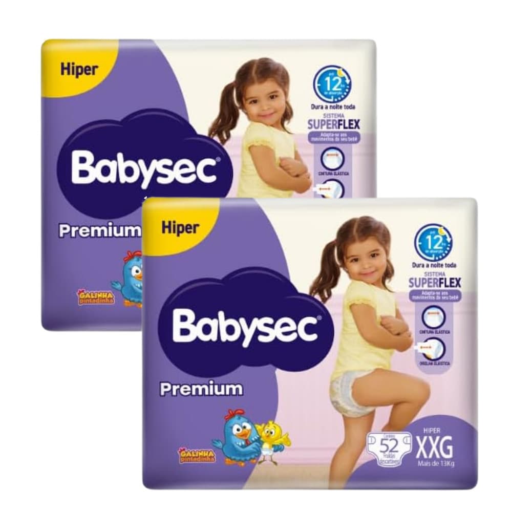 2x Pacote com 52un cada - Fralda BabySec Premium Galinha Pintadinha Hiper XXG – Proteção e Economia