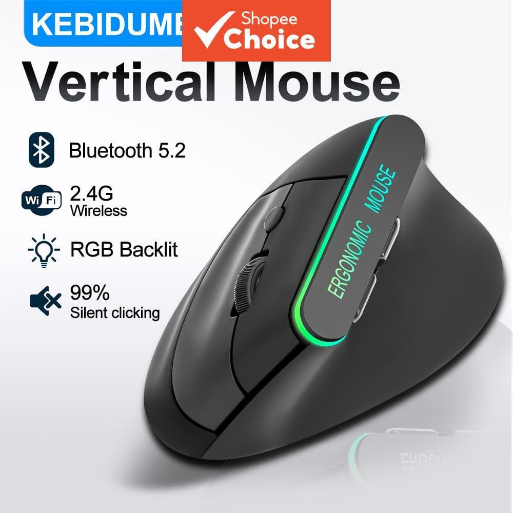 Mouse Vertical Sem Fio Dupla Conexão, Mouse RGB Silencioso Recarregável, Mouse Ergonômico Bluetooth para Jogos e