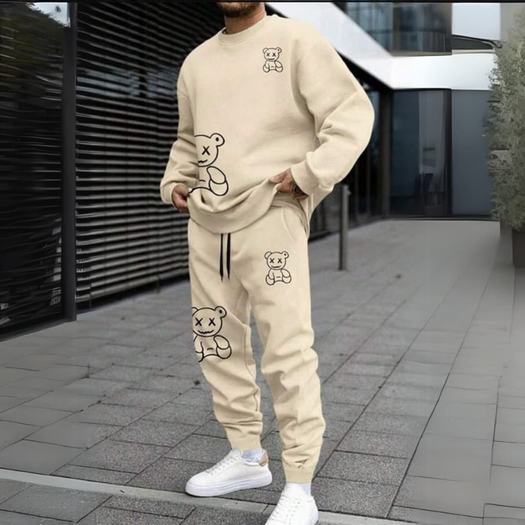 Conjunto Moletom Gola Redonda Calça Moletom Urso Streetwear Casual Inverno Confortável Unissex