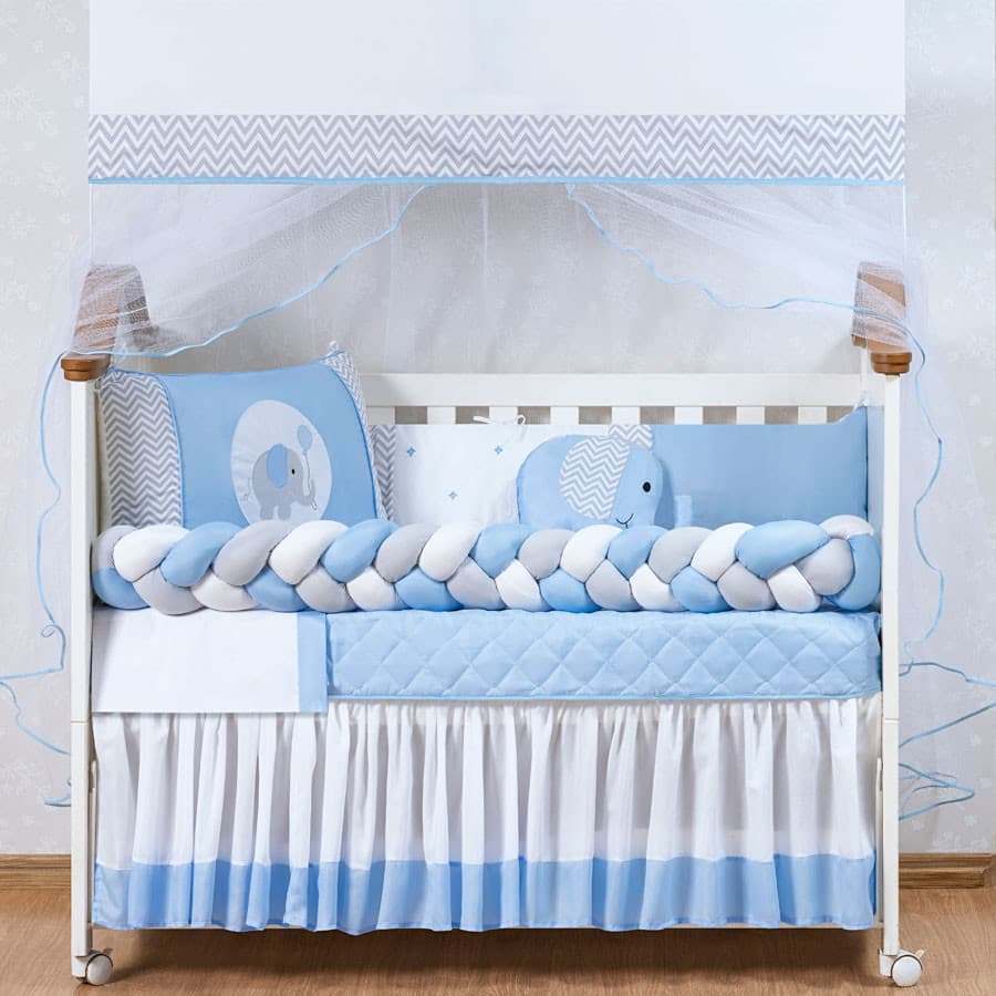 Kit Berço Elefantinho 11 Peças Completo Enxoval Bebê Quarto Infantil Protetor Mosquiteiro Almofadas Conforto
