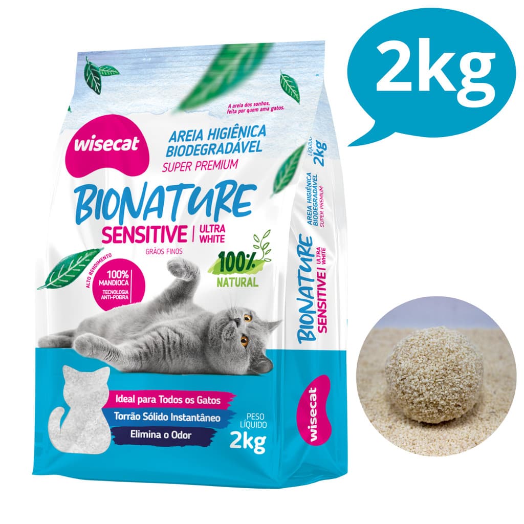 Areia Sanitária Higiênica para Gatos Natural Vegetal Mandioca Sensitive Grãos Finos Wisecat 2KG