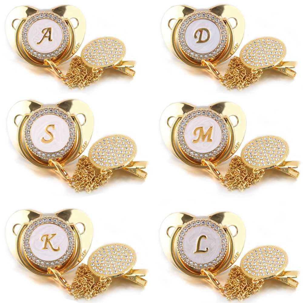 Chupeta de bebê Cross-Border, 26 letras, personagem de Metal dourado, diamante com corrente, produtos maternos para bebê