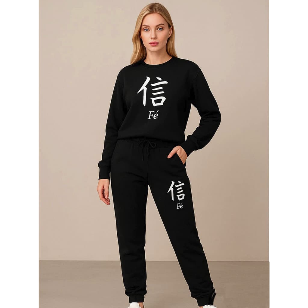 Conjunto Moletom Careca Feminino Fé Japão Blusa De Frio + Calça Moletom Estampados Unissex Outono/Inverno