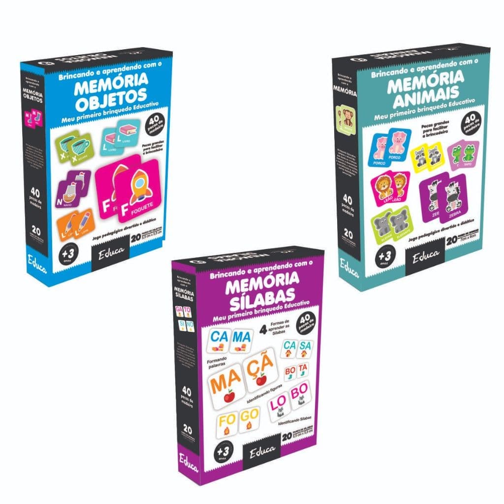 Kit Brinquedo Pedagógico Educativo 3 Jogos da Memória - Sílabas + Animais + Brinquedos 120 peças